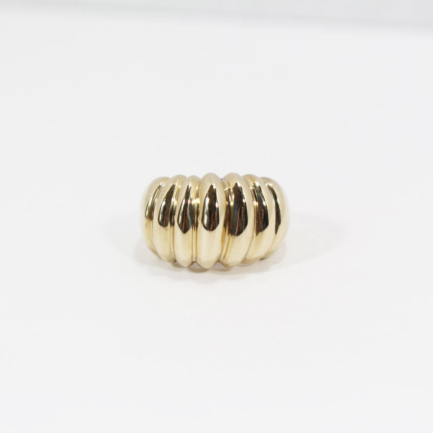 Front view of ridged texture on gold ring.