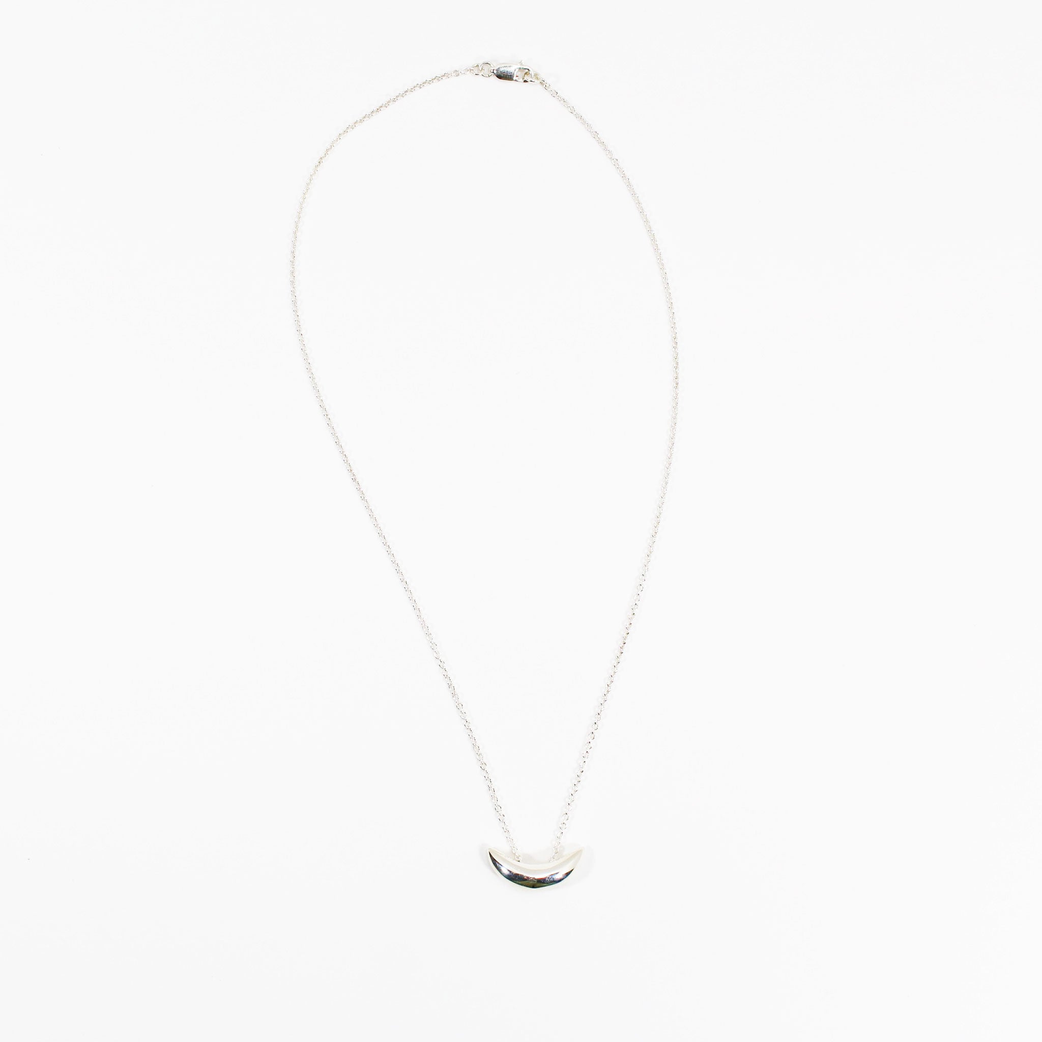 Small silver crescent shaped pendant on delicate chain necklace.