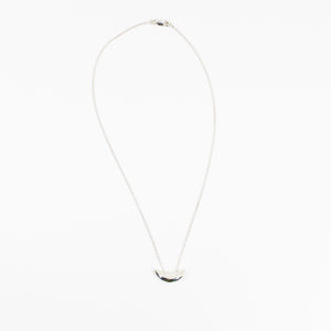 Small silver crescent shaped pendant on delicate chain necklace.